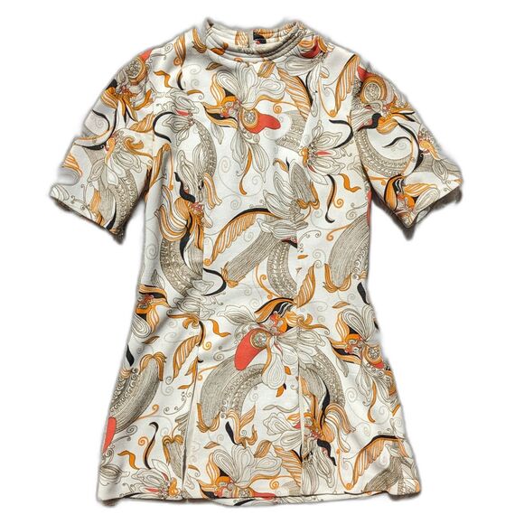 None Tops - Vintage French 70s Psychedelic Floral Mock Turtleneck Front Slit Tunic Top Sz XS